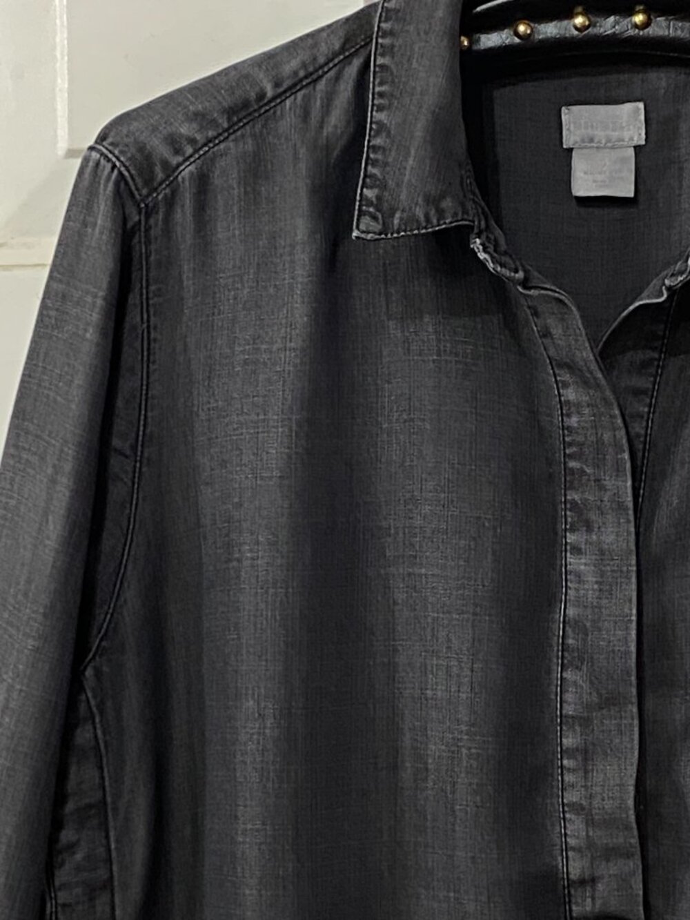 Chicos Tunic Popover Sz 2 (L) Long Sleeve Charcoal Gray Denim Tencel Side Button - Picture 3 of 9